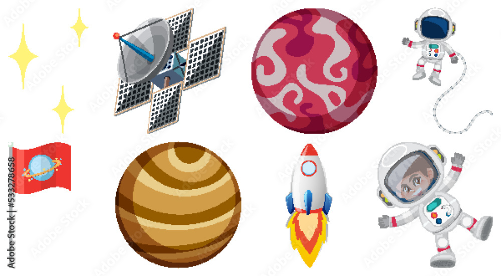 Wall mural set of space cartoon characters and objects