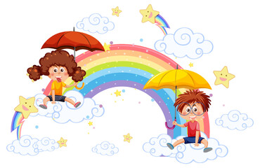 Obraz na płótnie Canvas Children sitting on clouds with rainbow