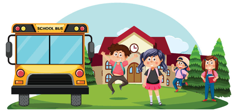 School bus with children cartoon character