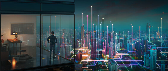 Businessman standing at office with night Smart city - obrazy, fototapety, plakaty