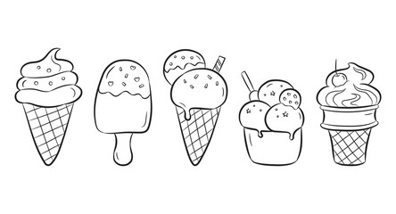 Ice cream set isolated on white background. Collection of ice cream in a cup, in a waffle cone and popsicle in doodle style. Vector illustration