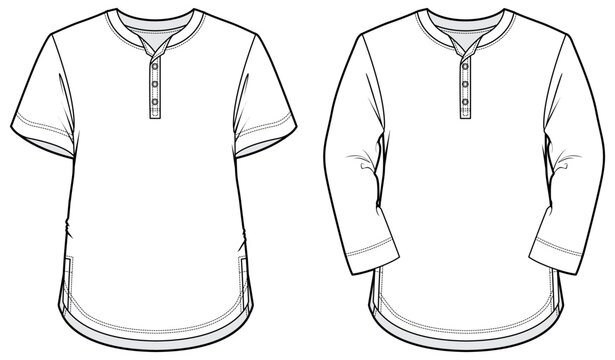 mens henley neck short sleeve and long sleeve t shirt technical drawing flat sketch vector illustration. CAD mockup.