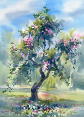 Red apple tree in autumn watercolor landscape