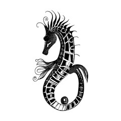 Marine seahorse isolated small fish with curved tail and flippers monochrome sketch icon. Vector sea horse small marine fish, aquatic creature mascot, sea-horse underwater animal, Hippocampus drawing