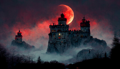 Ghostly castle with crimson sky. Spooky concept.Digital art - obrazy, fototapety, plakaty