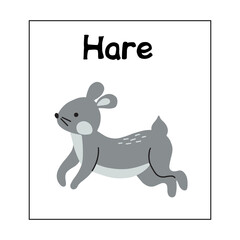 Animal card bird HARE for kids. Educational preschool cards for learning animals. Learn animal name for kids.