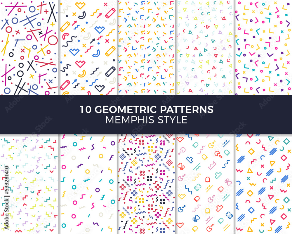 Aufkleber collection of vector abstract geometric patterns with different shapes and elements in memphis style