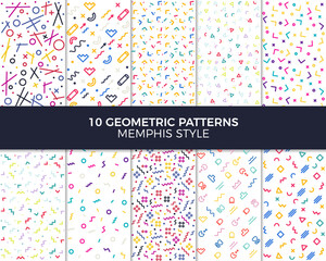 Collection of vector abstract geometric patterns with different shapes and elements in Memphis style. 80's and 90's designs in different colors can be used for backgrounds, banners, textile, flyers