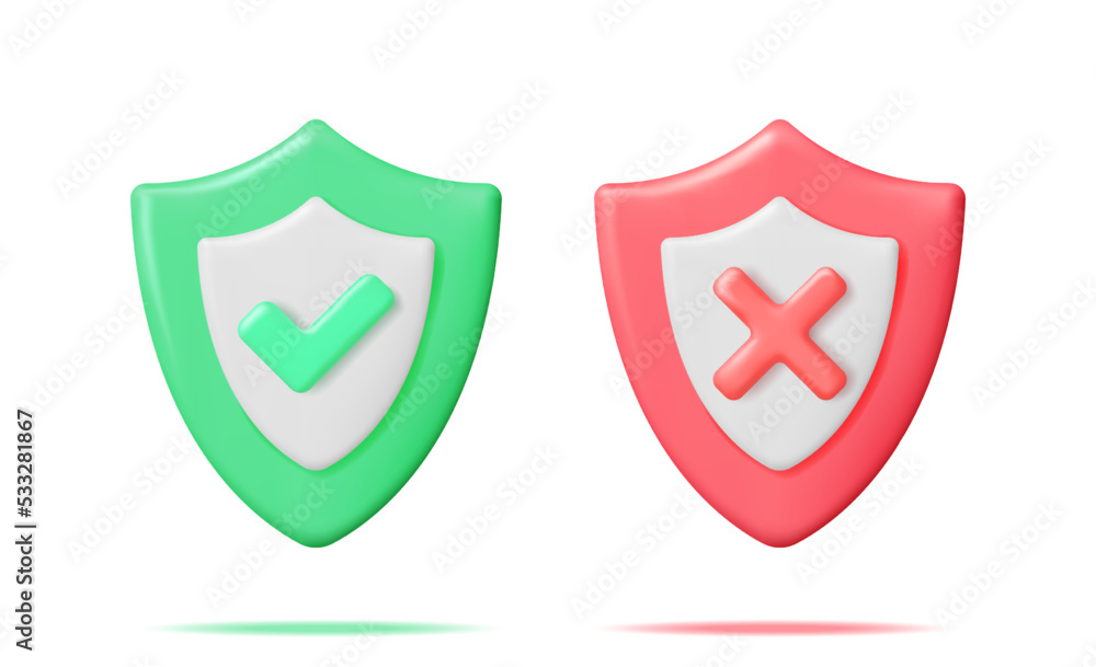 Poster 3d right and wrong button in shield. green yes and red no correct incorrect sign. checkmark tick rej