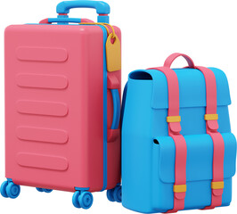 Travel suitcase on wheels and travel backpack. PNG icon on transparent background. 3D rendering.