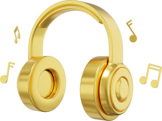 Wireless headphones and flying music notes side view. Gold PNG icon on a transparent background. 3D rendering.