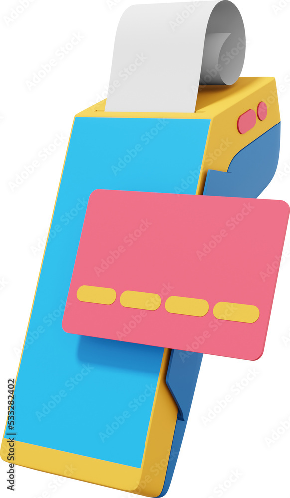 Poster nfc pos terminal gprs point with paper receipt and a credit card. mockup screen. payment machine. pn