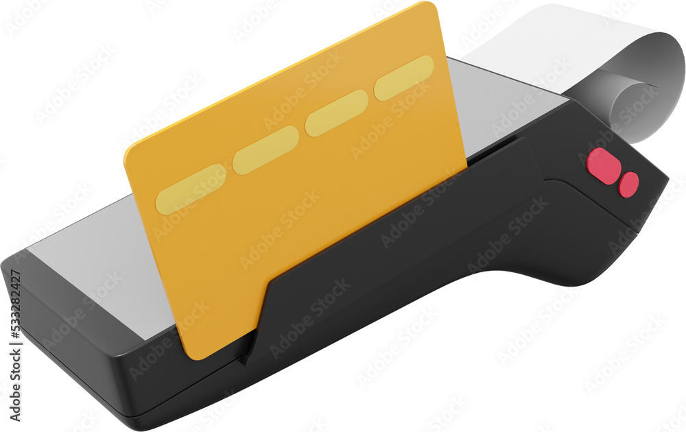 Poster pos terminal gprs point with paper receipt and a credit card. mockup screen. payment machine. nfc pn
