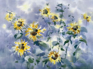 A bouquet of sunflowers on blue watercolor background