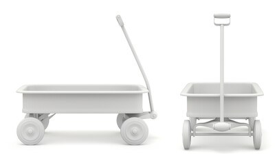 Clay render of side and front view of child's toy mini wagon - 3D illustration