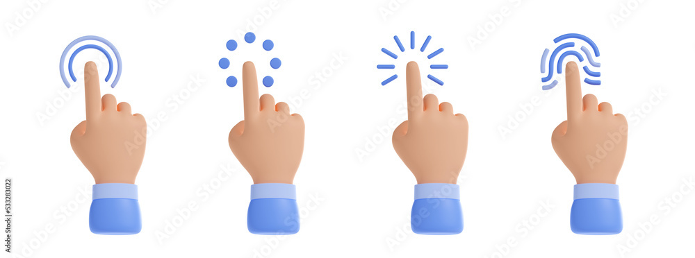 Poster hand click icon, computer cursor with fingers press buttons and touch fingerprint scan. pointing ges
