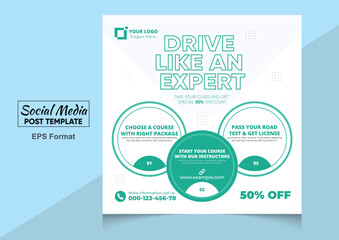 Flat social media post design for driving school or Car Driving School Post Template Social Media Flat  Vector Illustration