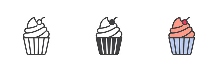 Cupcake with cherry different style icon set