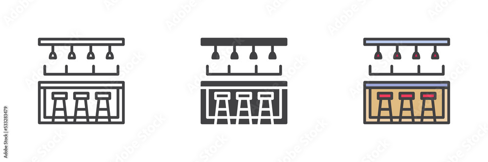 Poster bar counter with chairs and light different style icon set
