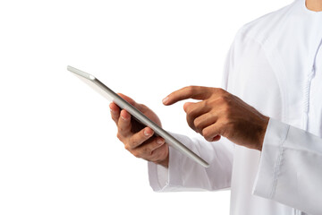 Close up photo of Arab man holding digital tablet on white background