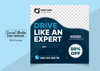 Flat social media post design for driving school or Car Driving School Post Template Social Media Flat  Vector Illustration