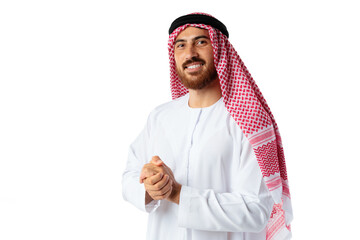 Portrait of smiling young Arab man on white background