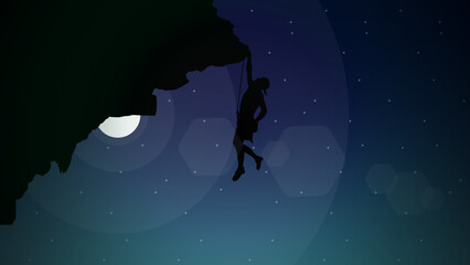 Obraz na płótnie Canvas Extreme rock climber background. climber on a cliff with mountains as a background. Mountain climber walpaper for desktop. Silhouette of a rock climber. Rock climber.