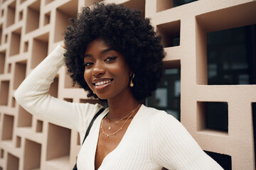 Stylish pretty african woman with hairstyle posing near geometric wall
