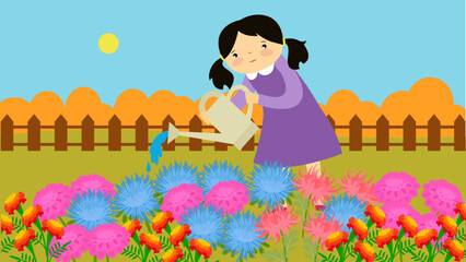 Obraz na płótnie Canvas girl watering flowers in a flower bed