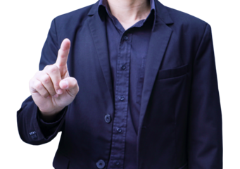 Business man person point finger in concept of finance stock trade and growth of wealth with transparent background