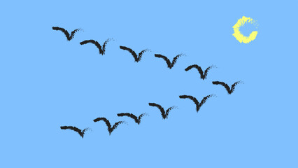 A flock of birds against the background of the sky and the sun, illustration