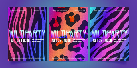 Wild party posters with holographic patterns of leopard, zebra and tiger skin. Invitation flyers with print of wild animals fur in neon colors on background, vector cartoon illustration