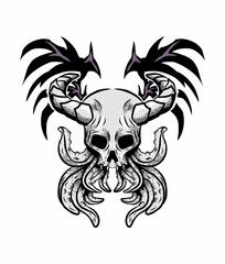 illustration of skull and octopus with the wings for tattoo design