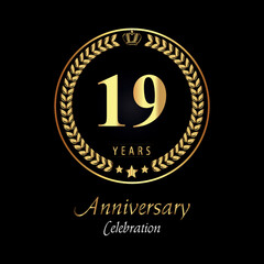19th anniversary logo with golden laurel wreaths, gold crown, and gold star isolated on black background. Premium design for happy birthday, weddings, greetings card, poster, graduation, ceremony.