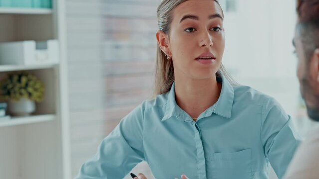 Businesswoman in serious talk, argument and fight with staff about poor work performance problem, error and criticism. Angry HR manager giving discipline warning, bad review and complaint to employee