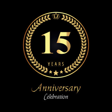 15th anniversary logo with golden laurel wreaths, gold crown, and gold star isolated on black background. Premium design for happy birthday, weddings, greetings card, poster, graduation, ceremony.