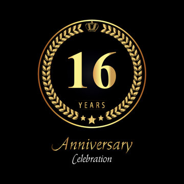 16th anniversary logo with golden laurel wreaths, gold crown, and gold star isolated on black background. Premium design for happy birthday, weddings, greetings card, poster, graduation, ceremony.