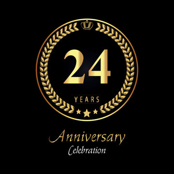 24th anniversary logo with golden laurel wreaths, gold crown, and gold star isolated on black background. Premium design for happy birthday, weddings, greetings card, poster, graduation, ceremony.