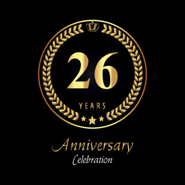 26th anniversary logo with golden laurel wreaths, gold crown, and gold star isolated on black background. Premium design for happy birthday, weddings, greetings card, poster, graduation, ceremony.