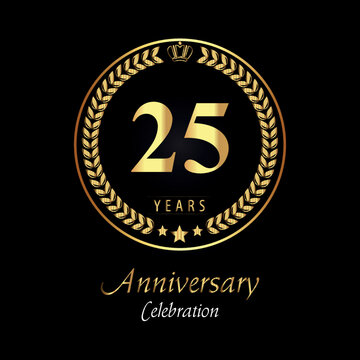 25th anniversary logo with golden laurel wreaths, gold crown, and gold star isolated on black background. Premium design for happy birthday, weddings, greetings card, poster, graduation, ceremony.