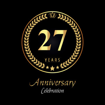 27th anniversary logo with golden laurel wreaths, gold crown, and gold star isolated on black background. Premium design for happy birthday, weddings, greetings card, poster, graduation, ceremony.