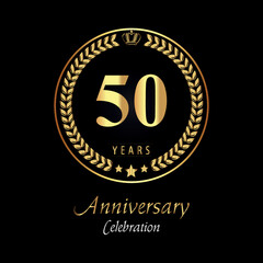 Fototapeta na wymiar 50th anniversary logo with golden laurel wreaths, gold crown, and gold star isolated on black background. Premium design for happy birthday, weddings, greetings card, poster, graduation, ceremony.