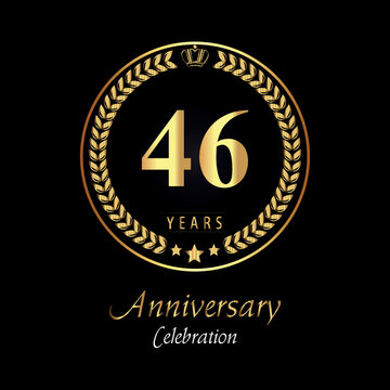 46th anniversary logo with golden laurel wreaths, gold crown, and gold star isolated on black background. Premium design for happy birthday, weddings, greetings card, poster, graduation, ceremony.
