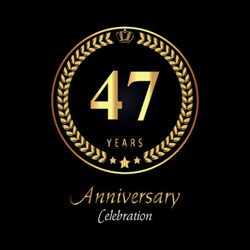 47th anniversary logo with golden laurel wreaths, gold crown, and gold star isolated on black background. Premium design for happy birthday, weddings, greetings card, poster, graduation, ceremony.