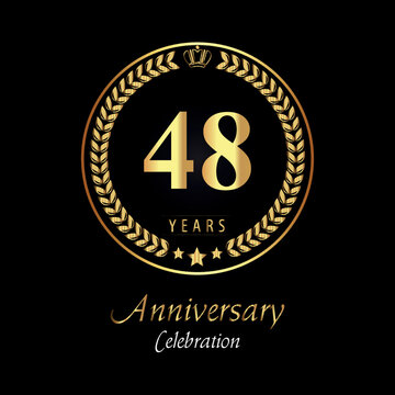 48th anniversary logo with golden laurel wreaths, gold crown, and gold star isolated on black background. Premium design for happy birthday, weddings, greetings card, poster, graduation, ceremony.
