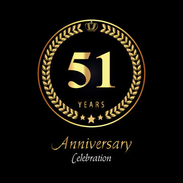 51th anniversary logo with golden laurel wreaths, gold crown, and gold star isolated on black background. Premium design for happy birthday, weddings, greetings card, poster, graduation, ceremony.