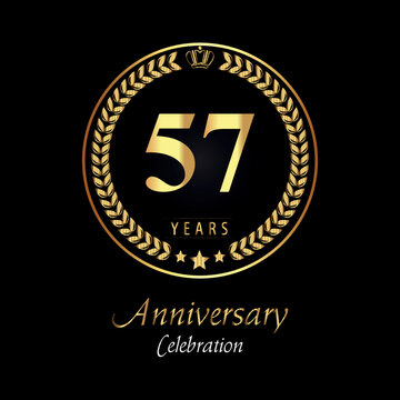 57th anniversary logo with golden laurel wreaths, gold crown, and gold star isolated on black background. Premium design for happy birthday, weddings, greetings card, poster, graduation, ceremony.