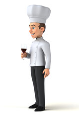 Fun 3D cartoon illustration of a chef with a glass of wine