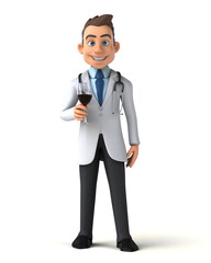 Fun 3D cartoon illustration of a doctor with a glass of wine
