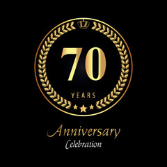 70th anniversary logo with golden laurel wreaths, gold crown, and gold star isolated on black background. Premium design for happy birthday, weddings, greetings card, poster, graduation, ceremony.